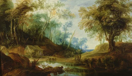 Paysage boisé avec un étang